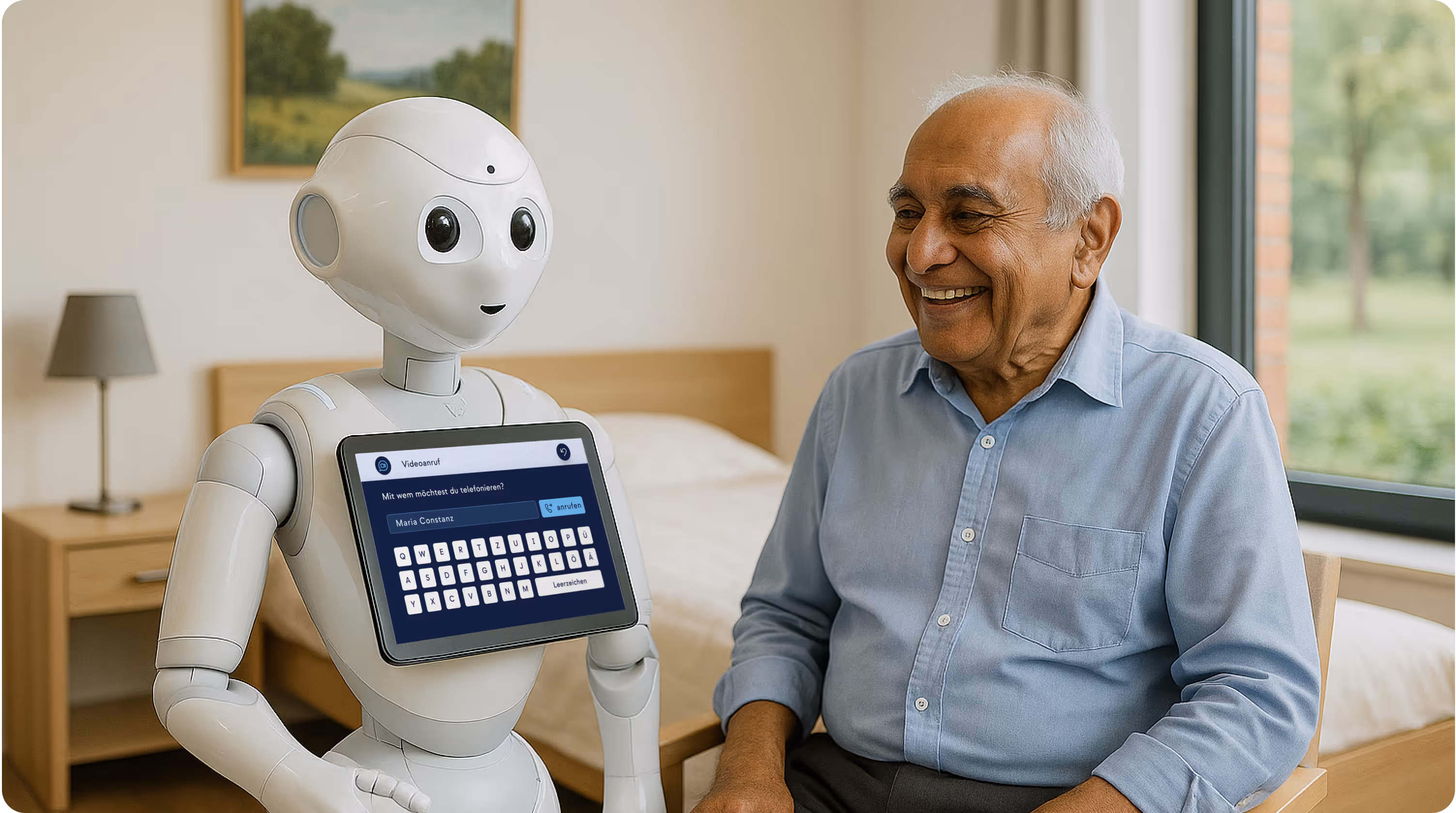 An older man sitting and smiling next to a humanoid assistance robot in a bright care room. The robot shows a digital keyboard on its chest display